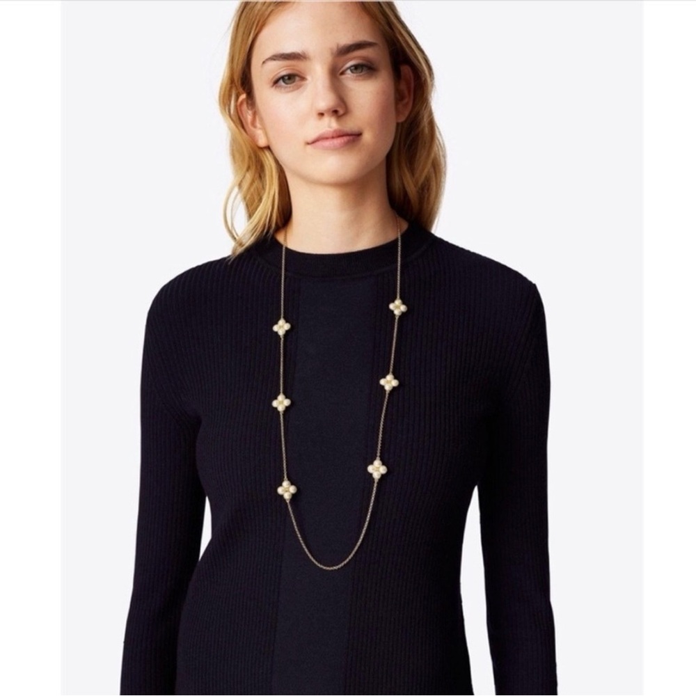 Tory Burch Gold Tone Six Station Glass Pearl Rope Clover Rosary Necklace
